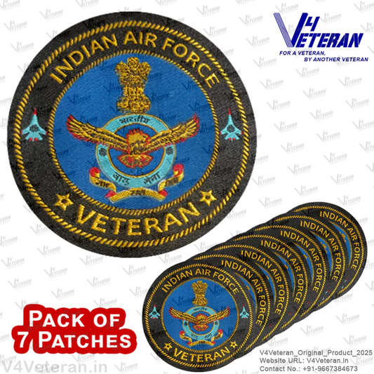 Indian Air Force Veteran Iron-On Woven/ Embroidered Patches (DIY) for T-Shirts, Bags, Tracksuits & Waistcoats (Pack of 7)