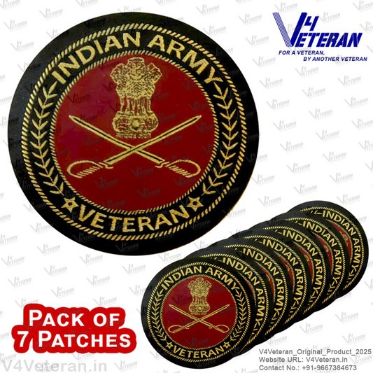 Indian Army Veteran Iron-On Woven/ Embroidered Patches (DIY) for T-Shirts, Bags, Tracksuits & Waistcoats (Pack of 7)