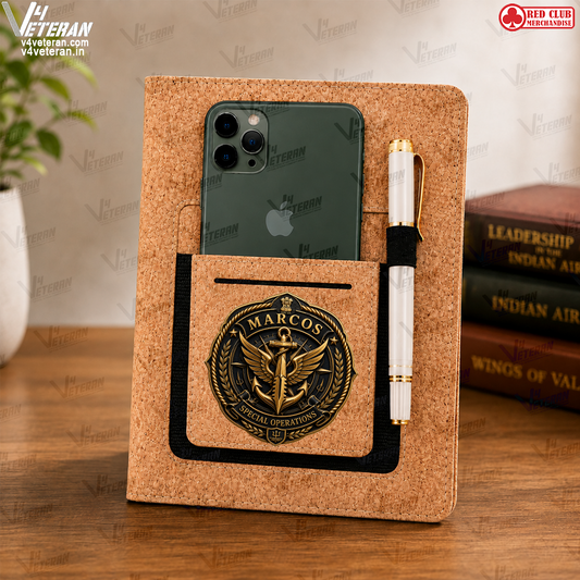 Legacy MARCOS (Veteran) Office Notebook with Phone–Card Pocket & Elastic Pen Loop (cork)