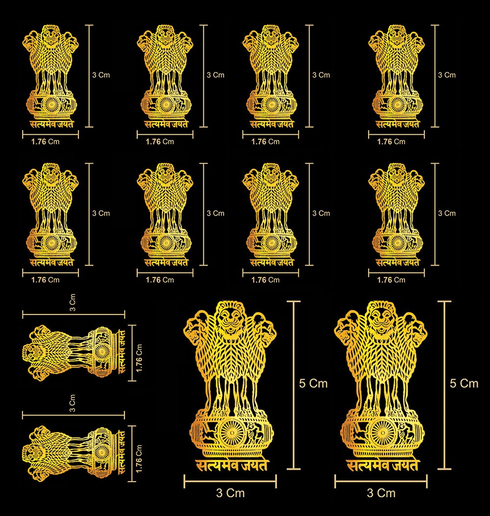 24K Gold Plated Ashoka Emblem Metal Stickers for Mobile Phone, Power Bank, Dairy [Pack of 12 Stickers (10Small + 2Large)]