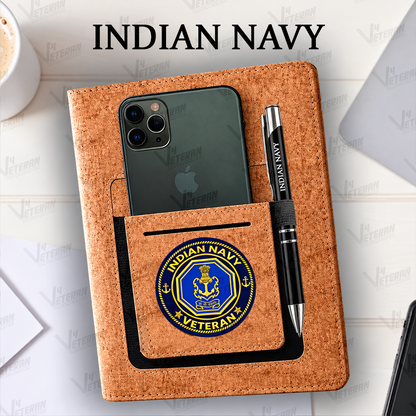 Classic Indian Navy(Veteran) Office Notebook with Phone–Card Pocket & Elastic Pen Loop (Cork)
