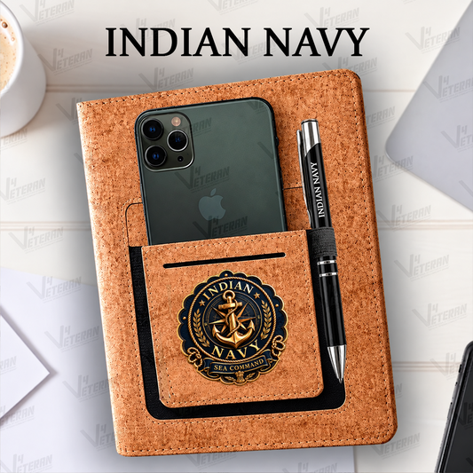 Legacy Indian Navy (Veteran) Office Notebook with Phone–Card Pocket & Elastic Pen Loop (cork)