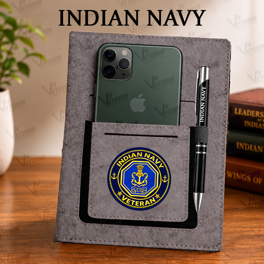 Classic Indian Navy(Veteran) Office Notebook with Phone–Card Pocket & Elastic Pen Loop