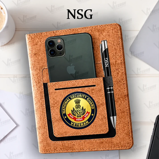 Classic NSG (Veteran) Office Notebook with Phone–Card Pocket & Elastic Pen Loop (cork)