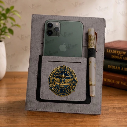 Classic Indian Naval Air Arm Office Notebook with Phone–Card Pocket & Elastic Pen Loop