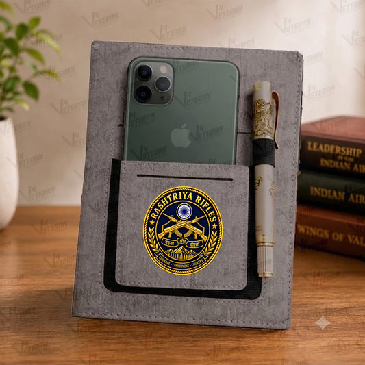 Classic Rashtriya Rifles Office Notebook with Phone–Card Pocket & Elastic Pen Loop