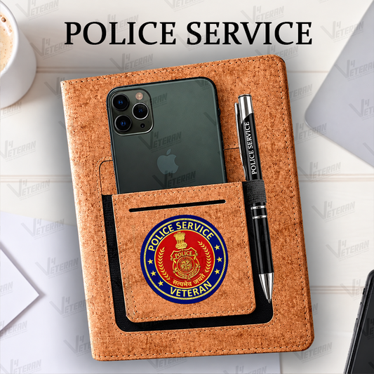 Classic Police Service (Veteran) Office Notebook with Phone–Card Pocket & Elastic Pen Loop (cork)
