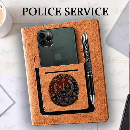 Legacy Police Service (Veteran) Office Notebook with Phone–Card Pocket & Elastic Pen Loop (cork)