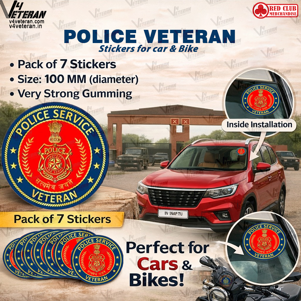 Police Service Veteran Car & Bike Stickers – 4 Inside Glass for Cars + 3 Back Gumming for 2-Wheelers (7 pcs)
