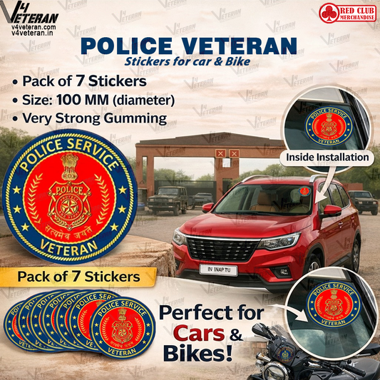 Police Service Veteran Car & Bike Stickers – 4 Inside Glass for Cars + 3 Back Gumming for 2-Wheelers (7 pcs)
