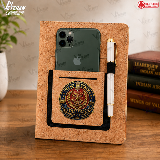 Legacy Police Service (Veteran) Office Notebook with Phone–Card Pocket & Elastic Pen Loop (cork)