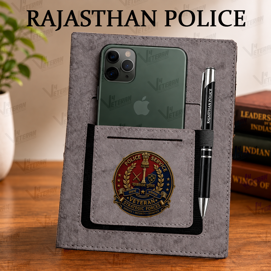 Classic Rajasthan Police (Veteran) Office Notebook with Phone–Card Pocket & Elastic Pen Loop