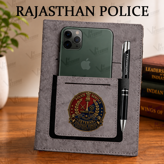 Classic Rajasthan Police (Veteran) Office Notebook with Phone–Card Pocket & Elastic Pen Loop