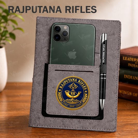 Classic Rajputana Rifles Office Notebook with Phone–Card Pocket & Elastic Pen Loop