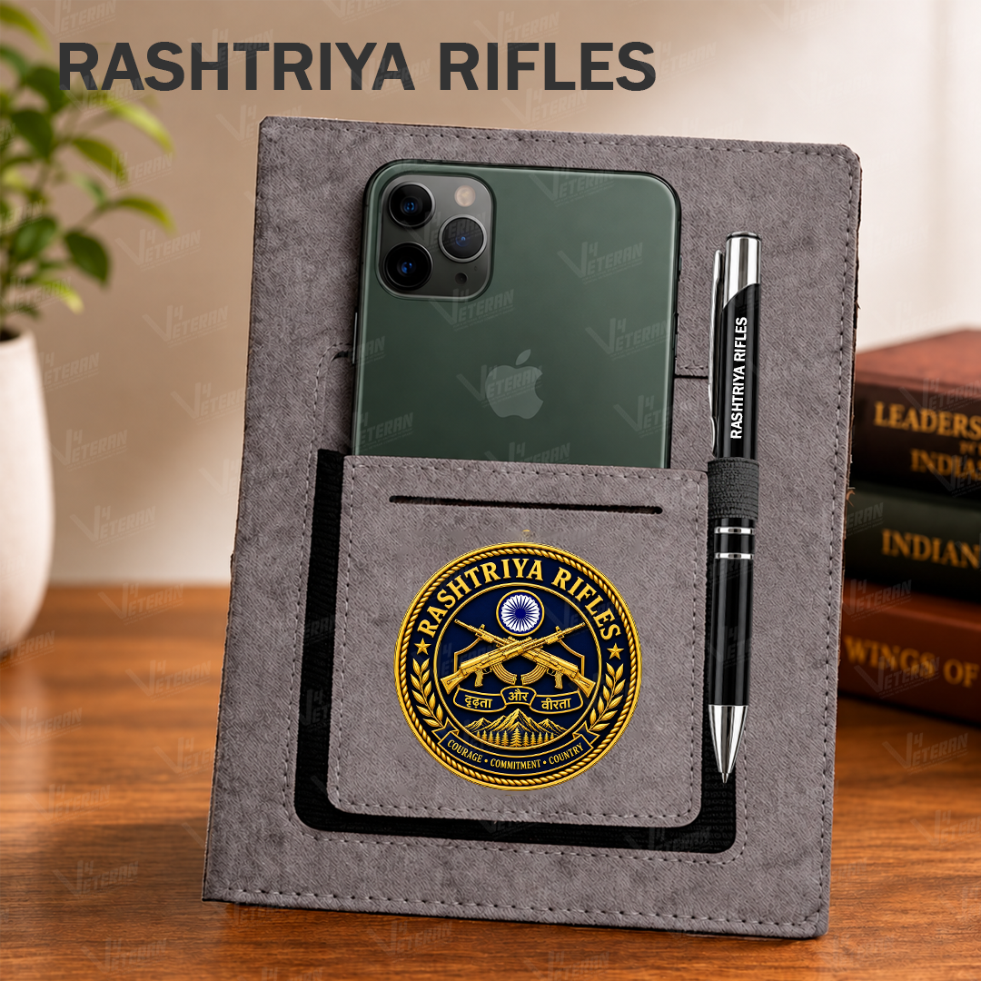 Classic Rashtriya Rifles Office Notebook with Phone–Card Pocket & Elastic Pen Loop