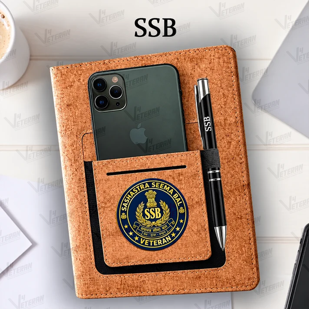 Classic SSB (Veteran) Office Notebook with Phone–Card Pocket & Elastic Pen Loop (cork)