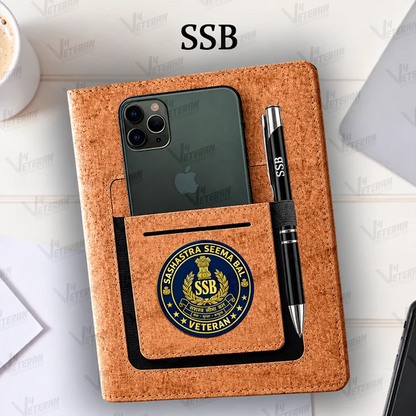 Classic SSB (Veteran) Office Notebook with Phone–Card Pocket & Elastic Pen Loop (cork)