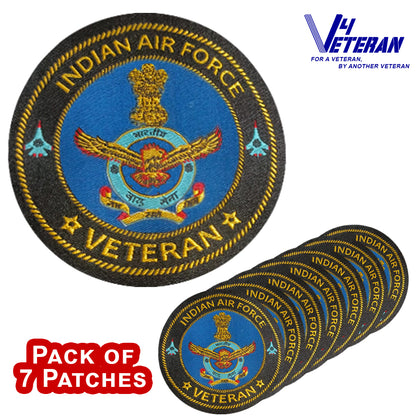 Indian Air Force Veteran Iron-On Woven/ Embroidered Patches (DIY) for T-Shirts, Bags, Tracksuits & Waistcoats (Pack of 7)