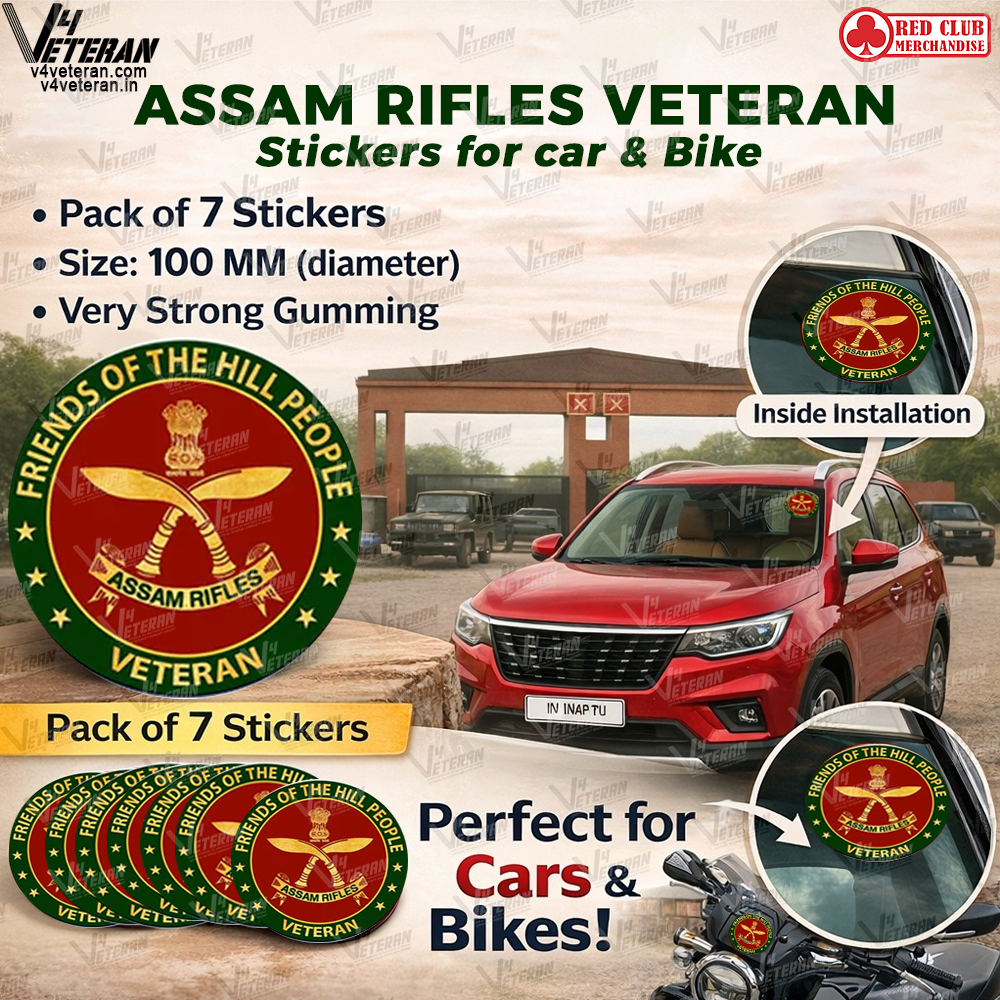 Assam Rifles Veteran Car & Bike Stickers – 4 Inside Glass for Cars + 3 Back Gumming for 2-Wheelers (7 pcs)