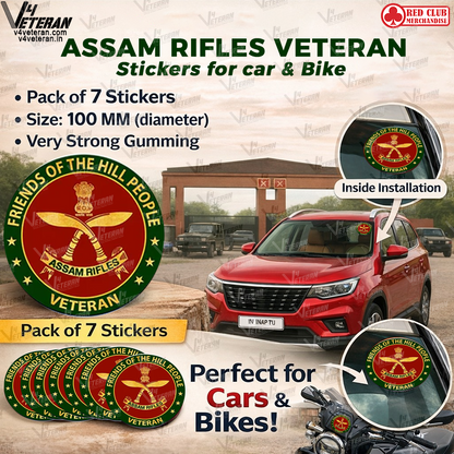 Assam Rifles Veteran Car & Bike Stickers – 4 Inside Glass for Cars + 3 Back Gumming for 2-Wheelers (7 pcs)