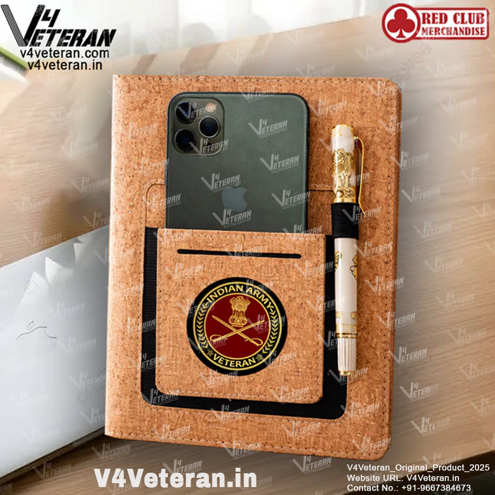 Classic Indian Army (Veteran) Office Notebook with Phone–Card Pocket & Elastic Pen Loop (cork)
