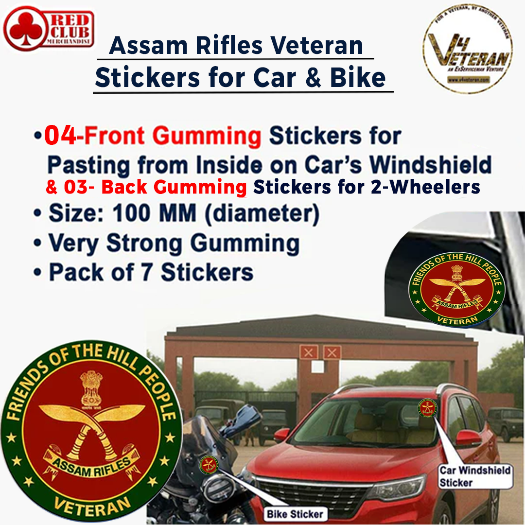 Assam Rifles Veteran Car & Bike Stickers – 4 Inside Glass for Cars + 3 Back Gumming for 2-Wheelers (7 pcs)