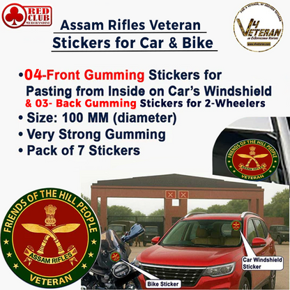 Assam Rifles Veteran Car & Bike Stickers – 4 Inside Glass for Cars + 3 Back Gumming for 2-Wheelers (7 pcs)
