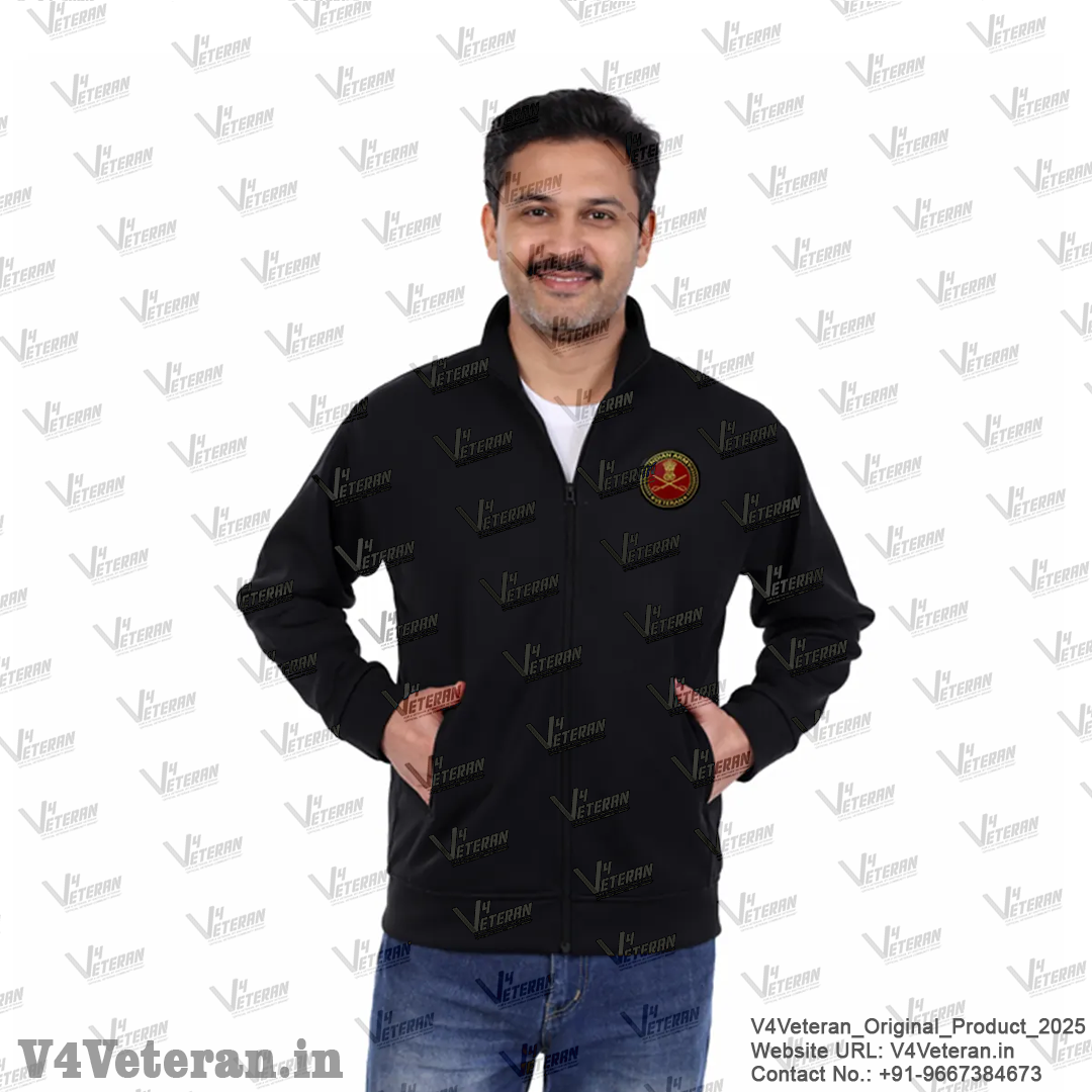 Indian Army Jacket (Zipper, Cotton Fleece 340GSM) for Veterans (Black)