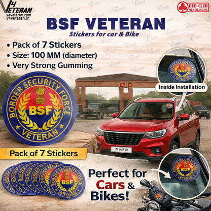 BSF Veteran Car & Bike Stickers – 4 Inside Glass for Cars + 3 Back Gumming for 2-Wheelers (7 pcs)