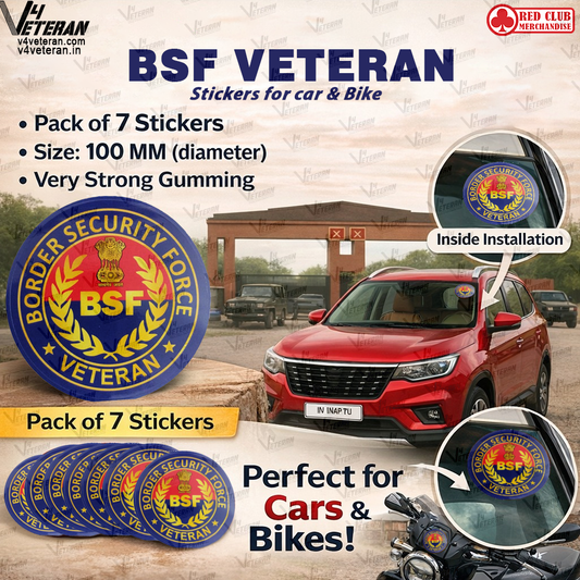 BSF Veteran Car & Bike Stickers – 4 Inside Glass for Cars + 3 Back Gumming for 2-Wheelers (7 pcs)