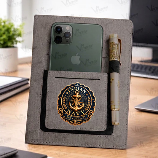 Classic Indian Navy (Veteran) Office Notebook with Phone–Card Pocket & Elastic Pen Loop