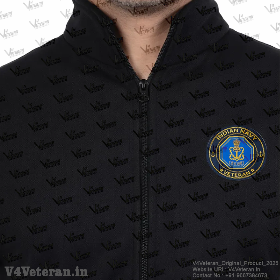 Indian Navy Jacket (Zipper, Cotton Fleece 340GSM) for Veterans (Black)