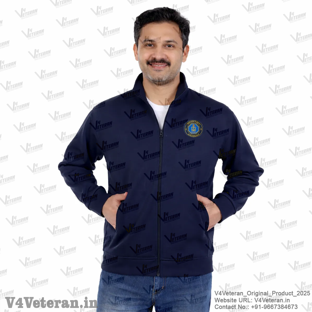 Indian Navy Jacket (Zipper, Cotton Fleece 340GSM) for Veterans (Blue)