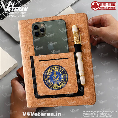 Classic Indian Navy(Veteran) Office Notebook with Phone–Card Pocket & Elastic Pen Loop (Cork)