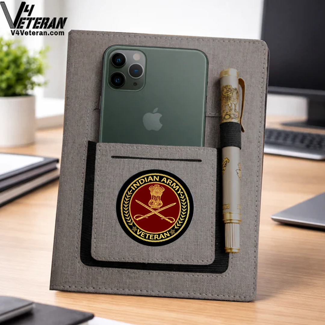 Indian Army (Veteran) Office Notebook with Phone–Card Pocket & Elastic Pen Loop