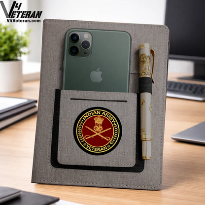 Indian Army (Veteran) Office Notebook with Phone–Card Pocket & Elastic Pen Loop