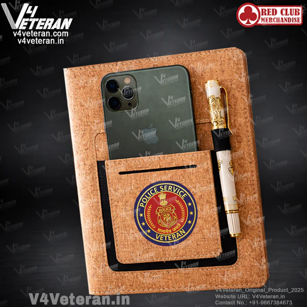 Classic Police Service (Veteran) Office Notebook with Phone–Card Pocket & Elastic Pen Loop (cork)