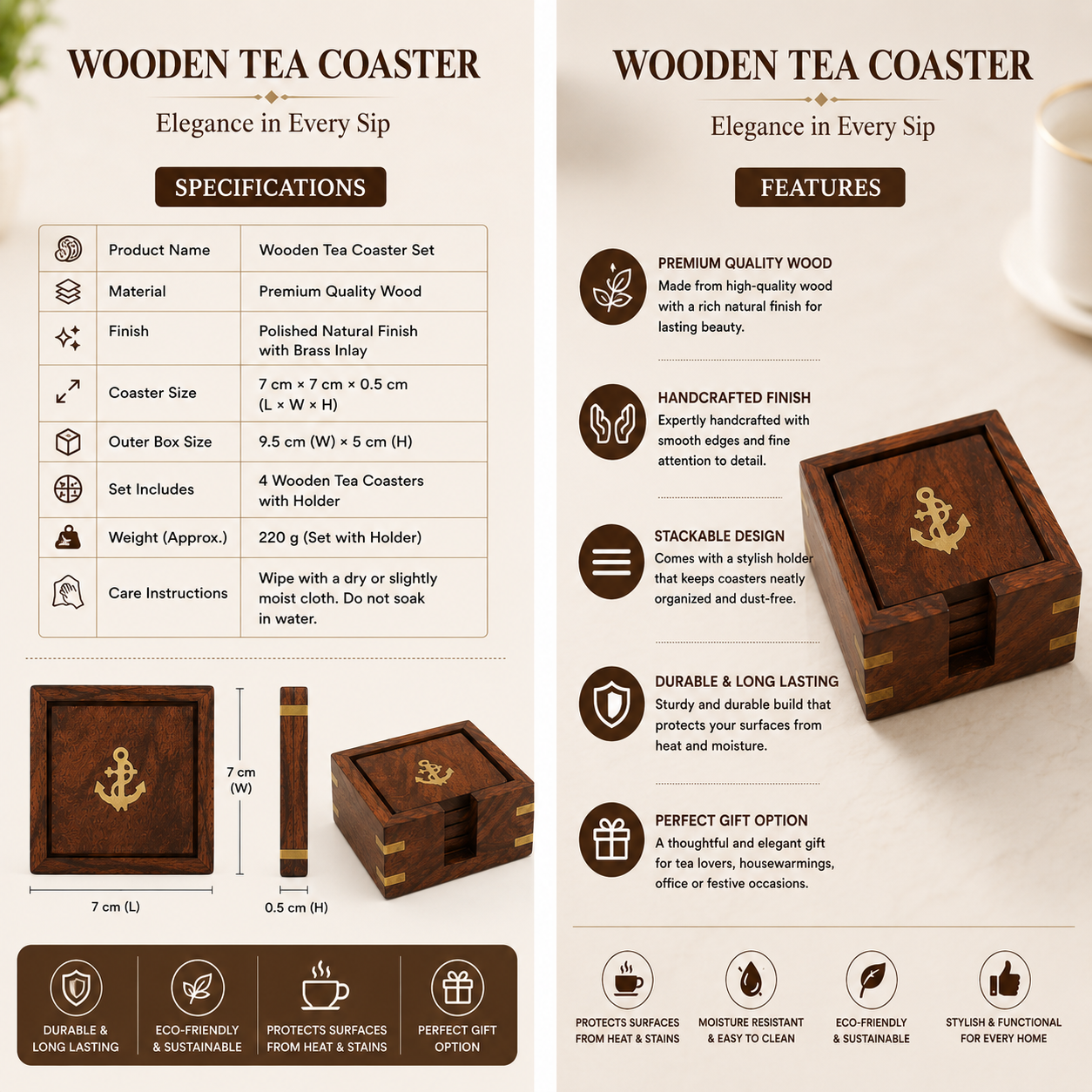 Premium Wooden Tea Coaster Set with Holder